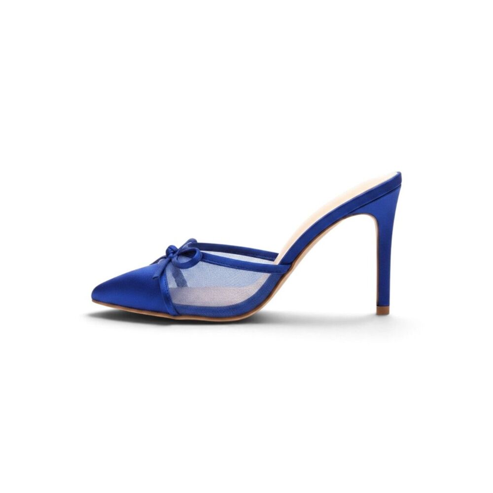 Royal Blue Satin Mesh Bow Pointed Toe Stiletto Heel Mules EU 40